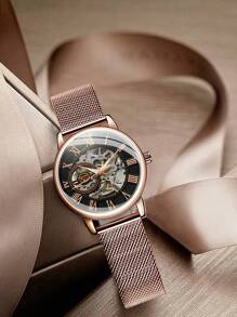 FORSINING 1pc Fashion Rose Gold Mechanical Watches Luminous Hands Mesh Stainless Steel Strap Classic Skeleton Roman Numeral Scale Dial Business Elegant Ladies Watches Top Brand Luxury Christmas Day New Year Birthday Gifts