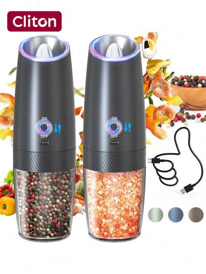 CLITON Gravity Electric Salt And Pepper Grinder – Choose 2 Packs Set Or Single Unit | USB Rechargeable Kitchen Electric Mill With Adjustable Grinder & LED Light | Tall Glass, Refillable | Automatic Operation (USB Rechargeable/Battery Powered) | Adjustable Coarseness | BLACK
