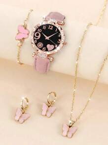 5PCS Set: Casual Fashionable Pink Fireworks Heart Shaped Case Quartz Watch, Butterfly Bracelet Necklace Earrings, Best Gift Choice
