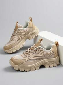 Men's Round Toe Lace-Up Men Sports Shoes For Men, Colorblock Letter Lightweight Breathable Chunky Men Sneakers ,Slip-Resistant Wear-Resistant Sports Outdoor Running Shoes Casual Men Shoes - Khaki - View 3