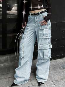 90s Y2K High Waisted Flap Pocket Boyfriend Distressed Loose Fit Jeans, Streetwear Style - Blue and White - View 5