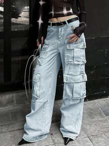 90s Y2K High Waist Flap Pocket Werk Cargo Jeans Boyfriend Versleten Losse Fit Streetwear Denim Broek