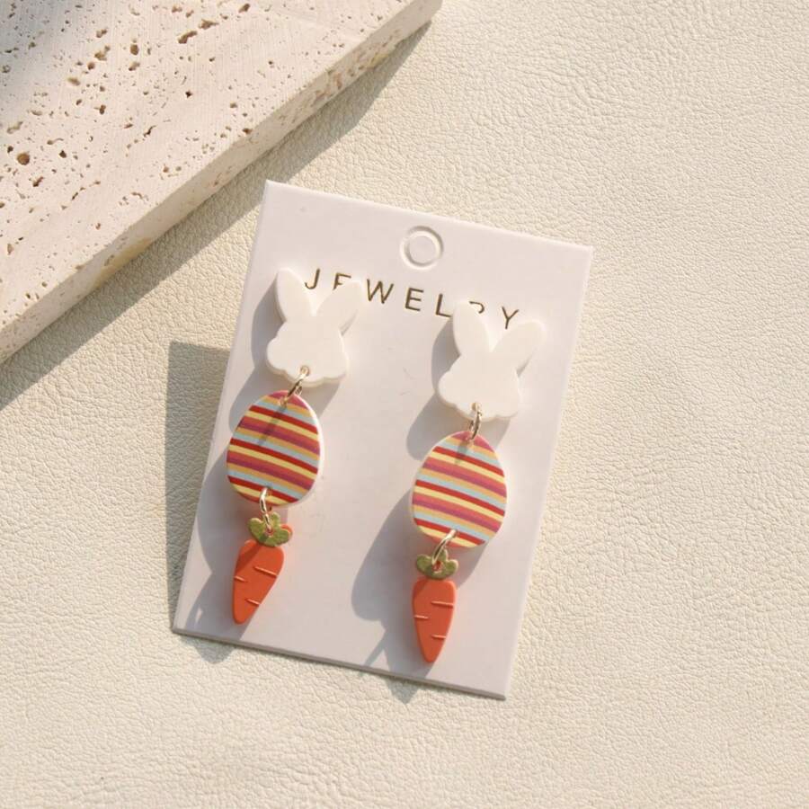 1 Pair Cute Easter Bunny & Egg Acrylic Long Pendant Earrings, Women Easter Party Accessories - White - View 1