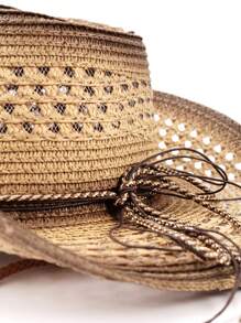 1 pieza Sombrero de paja tipo Panamá casual y bohemio con bloques de color, protección UV y a prueba de viento, versátil para hombres y mujeres, para todas las estaciones