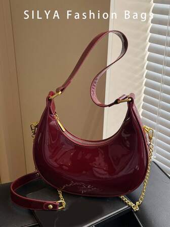 New French Retro Shiny Wine Red Patent Leather Crescent Bag, Simple And Versatile Women's Handbag/Shoulder Bag, PU Material Chain Design, A Must-Have For Dating And Shopping