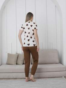 Mirano Women Heart Print Round Neck Short Sleeve Top And Pants Pajama Set - Brown - View 3