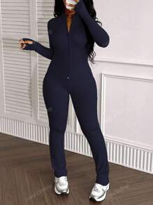2pcs Women Spring Autumn Casual Set, Fashion Fitted Solid Color Zip-Up Jacket And Long Pants