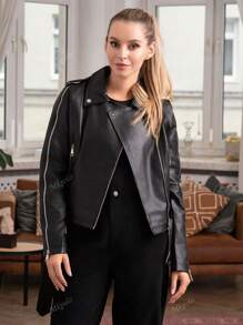 Solid Color Women's Short Jacket With Belt, Zipper Design On The Arms, Motorcycle Cool Style, Retro Fashion