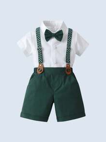 Junger Jungen Gentleman 2 Stück/set Kurzarmhemd Mit Umgedrehtem Kragen, Fliege Und Hosenträger Shorts, Perfekt Für Geburtstagsparty, Hochzeit, Show, Bankett, Usw.