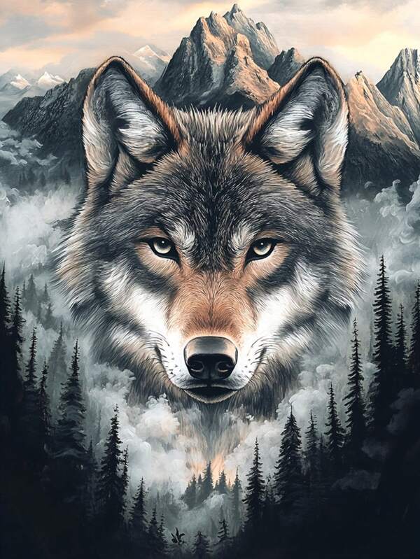 1 Set 30x40cm/11.8x15.7in 5D Wolf Totem Diamond Painting Kit, Frameless Round Full Drill DIY Craft, Animal Theme Mosaic Art For Home Wall Decor