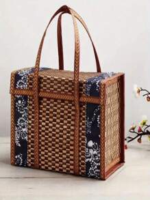 A Handcrafted Bamboo Picnic Basket With A Handle, Featuring A Rectangular Retro-Style Foldable Design. This Woven Bamboo Bag With A Lid Is Ideal For Carrying Snacks And Fruits. It Is Perfect For Outdoor Use, Picnics, Camping, Patio Gatherings, Festive Gifts, And Holiday Parties. - Multicolor - View 9