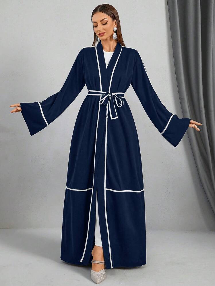 女士拼色腰带优雅长袖阿拉伯长袍，长款度假朴素长袍 - 藏蓝色 - 查看 4