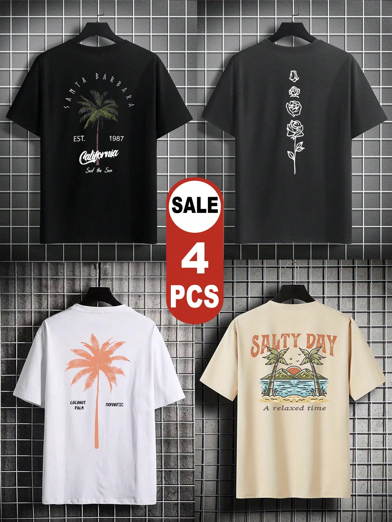 4pcs 2024 Summer Men's Japanese Letters And Palm Tree Printed T-Shirts