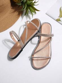 Rounded Toe PU Leather Sandals With Multi-Strap Rhinestone Decoration, Women's Casual Flat Slip-On Slippers, Suitable For Home, Leisure, Daily Wear And Beach Holiday