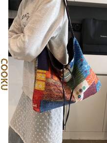 Casual Commuting Large Handbag For Women, New Design Double Sided Denim Tote Bag Shoulder Armpit Large Capacity Plaid Bag