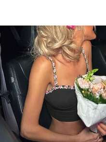 YOKASA Camisole Embroidered With Flowers - Black - View 3