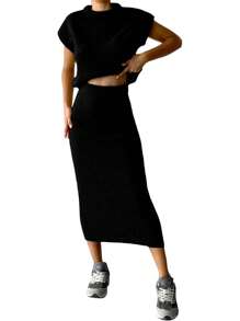 Women's 2 Piece Sweater Sets Outfits Knit Vest Pullover Bodycon Maxi Skirts Loungewear - Black - View 3