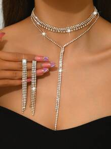 1 pièce Collier long en forme de Y luxueux avec strass + 1 paire de boucles d'oreilles à franges, ensemble de bijoux de mode convenant aux femmes, idéal pour le mariage, les fêtes et le port quotidien