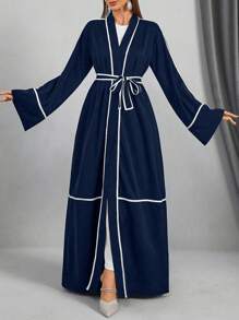 Women's Colorblock Trim Waist Belt Elegant Long Sleeve Arabic Abaya,Vacation Long Modest Robe - Navy Blue - View 6