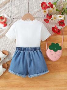 Young Girl Fashion Casual Cute Strawberry Print T-Shirt And Embroidered Denim Shorts Set With Bag - Baby Pink - View 2