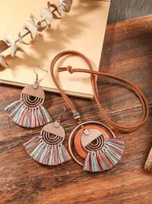 TopHanqi 3 件复古风格扇形几何流苏耳环项链套装，PU 皮革长项链，适合日常佩戴、派对、节日礼物