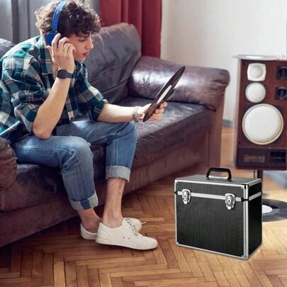 Vinyl Record Storage 12" LP Case Album Collection DJ Carry Storage Cases Lockable Box LP Case Vinyl Record Storage Carry Box Holds Up To 50pcs Albums Record Collection Chest (Black)
