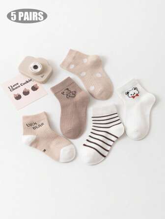 5 双条纹熊图案时尚百搭儿童袜子，网眼薄款中筒卡通袜子，适合男孩和女孩，幼儿宝宝袜子，春夏