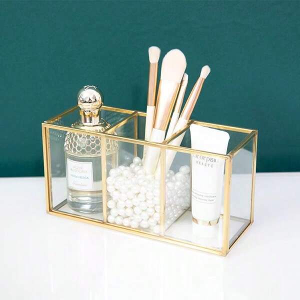 Portaspazzole per trucco in vetro dorato di lusso, contenitore portaoggetti per pennelli e penne, organizzatore da scrivania in stile scandinavo per pennelli da trucco, adatto per vacanze, spiaggia, bagno, camera da letto, grande capacità