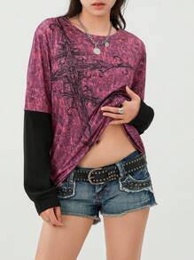 Women Y2k Fairy Grunge Shirt Top Goth Cross Print Long Sleeve Crewneck Fake Two Piece T Shirts Tops E-Girl Oversized Emo Tees Blouse Vinatge Aesthetic Clothes Streetwear - 紫色 - 查看 11