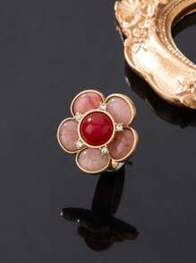 1 Pair Copper Alloy Vintage Gold Plated 5-Petal Flower Earrings And 1 Pair 5-Petal Flower Rings, Embedded With Red Silk, Suitable For Daily Wear, Parties, Special Occasions, Gift For Friends, Holiday, European And American Retro Style - Multicolor - View 10