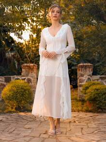QUNGIGU Women's Boho Flowy Maxi Dress - Flounce Collar & Bell Sleeves With Thigh Slit, Beach Vacation Dress For Summer, V-Neck Party Outfit