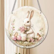 1 Piękny Biały Królik Trzymający Kwiaty Otoczony Pisankami, 2D Akrylowa Dekoracyjna Wisiorka Z Elementami Wielkanocnymi, Modna I Elegancka, Jest Drzwiami I Ścianą Wisząca, Okna I Ogrodowe Dekoracje Zewnętrzne, Dekoracje Na Codzienne Spotkania Świąteczne, Najlepszy Prezent Dla Rodziny I Przyjaciół