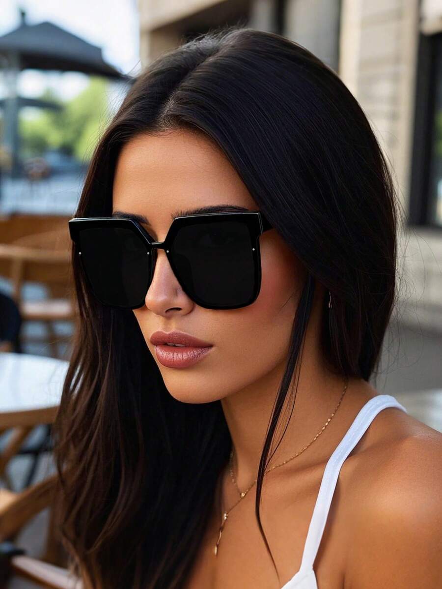 Vintage Square Frame Plastic Sunglasses For Men & Women, Classic Design, Suitable For Outdoor Travel Beach Holiday Casual Wear, Summer UV Protection Driving Glasses Fashionable Shade Elegant Outfit Family Outings Travel Vacation Holiday For Summer Beach Vacation,Outdoor,Travel - Black - View 1