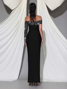 Modphy New Sexy Regular Shoulder One Shoulder Long Sleeve Heavily Embellished Luxurious Rhinestone Bodycon Maxi Bandage Dress, Elegant For Wedding, Holiday, Birthday Party, Christmas, Women's Formal Evening Gown