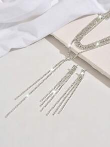1 pièce Collier long en forme de Y luxueux avec strass + 1 paire de boucles d'oreilles à franges, ensemble de bijoux de mode convenant aux femmes, idéal pour le mariage, les fêtes et le port quotidien