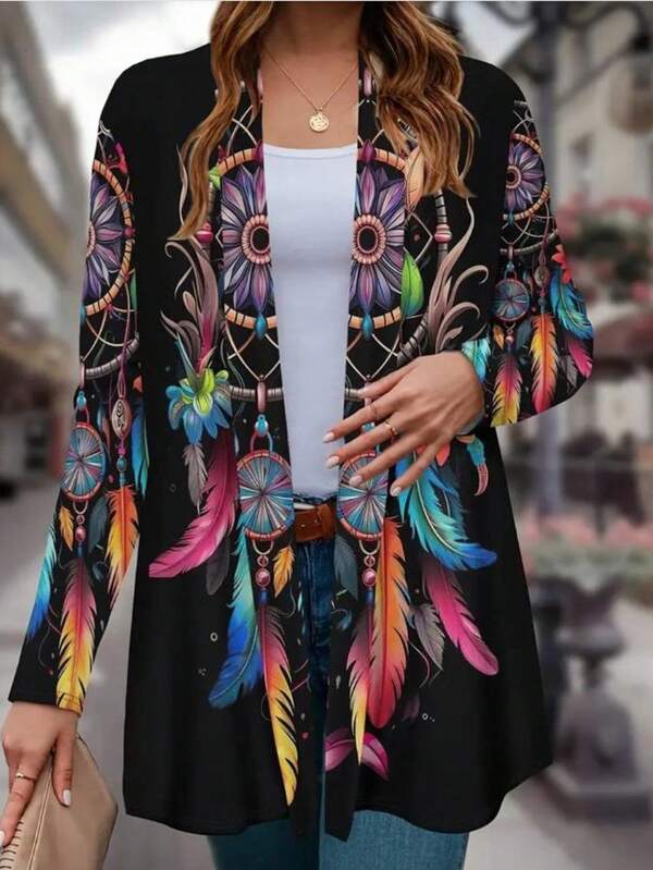 Women's Floral Print Cardigan Jacket - Long Sleeve Casual Jacket, Vibrant Design, Machine Washable Polyester Blend, Lightweight & Fashionable, Suitable For Outdoor Wear All Seasons, Open Front Long Sleeve Jacket With Minimalist Dreamcatcher Design And 3D Printing