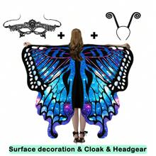 女士活力蝴蝶翅膀披肩和头带套装 - 彩色涤纶和氨纶仙女斗篷，无羽毛，非常适合万圣节服装派对 - 寶藍色 - 查看 16