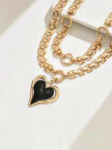 1 pieza Nuevo collar colgante de mujer con efecto metálico, collar gargantilla de moda de gran tamaño exagerado de dos capas con cadena y corazón de color contrastante, elegante y lujoso para uso diario