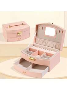 1pc Elegant Fan-Shaped 2-Layer Faux Leather Jewelry Box With Lock, Makeup Mirror, Large Capacity Dual-Option Necklace, Earring, Ring Storage, Soft Drawer, Ideal Gift For Women And Girls