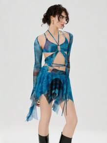 Women's 3 Piece Summer Outfits Long Sleeve Shrug Tops Tie Dye Print Vest Irregular Mini Skirt Set - Blue - View 6