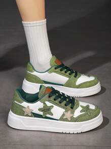 Star Print Casual Sneakers, Sports Shoes, Plus Size Women Shoes, Retro & - Green - View 3
