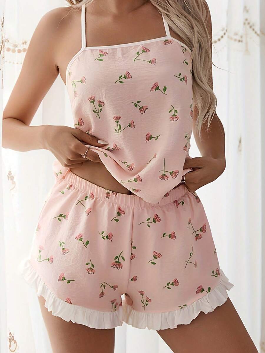 2 件套女士睡衣套装，花卉印花交叉肩带背心和荷叶边撞色短裤，春夏季，两件套