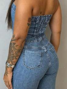 Strapless Women's Denim Jumpsuit With Spandex - Biru Marmer - View 2