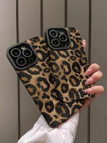 1 pezzo Custodia protettiva per telefono in finta pelle vintage, a righe verticali con motivo leopardato, morbida e antiurto - Stampa leopardata dorata - Visualizzare 4