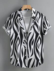 男士休闲条纹短袖衬衫，夏季度假 - 黑與白 - 查看 1