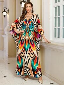 Women's Elegant Print Kaftan Batwing Sleeve Loose Dress Boho V Neck House Dress Outfits,Modest - Multicolor - View 9