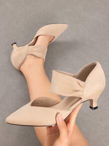 Women's Kitten Heel Pumps Pointed Toe Low Heel Dress Shoes For Work & Weddings, Slip-On Closed Toe Bridal Party Shoes - 杏色 - 查看 2