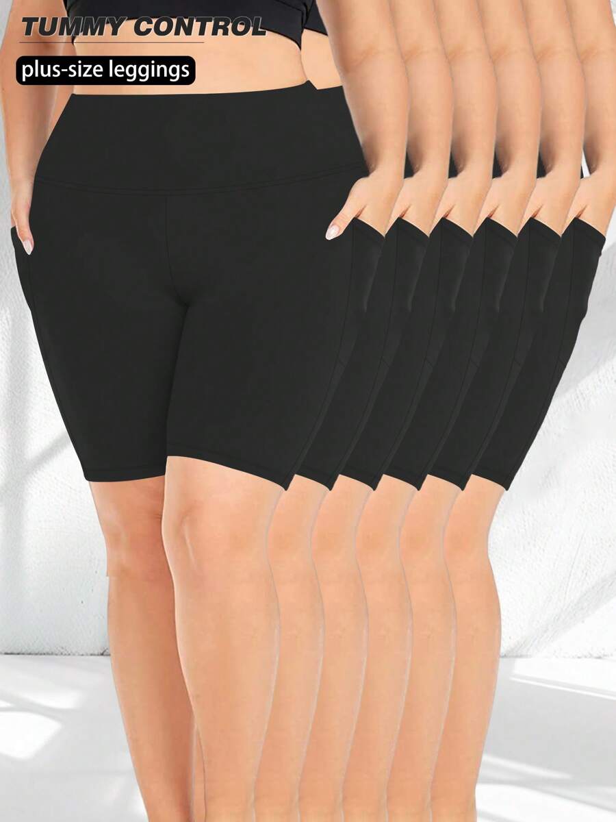 6 Pack Plus Size Biker Shorts For Women, High Waist Buttery Soft Yoga Shorts With Pockets, Non-See Through Summer Workout Shorts Black Set - 6 Đen - Xem 1