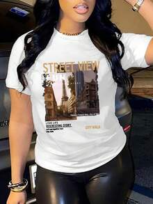 Camiseta de mujer de manga corta con cuello redondo, de verano, con impresión de letras, informal - Blanco - Ver 1