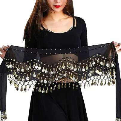 1pc Belly Dance Accessories, Dance Accessories, Belly Dance Hip Scarf, Dance Belt, Tie-Around Waist Scarf, Practice Waist Wrap, Coin Decorated Waist Chain, Dance Costume Hip Wrap, Dance Outfit